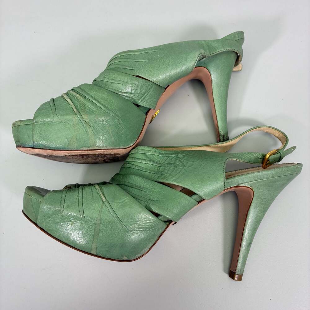Prada Green Ruched Leather Platform Slingback Sandals Size 38 - Picture 12 of 13